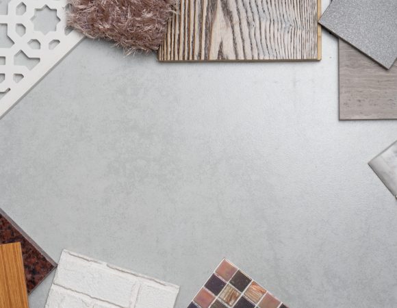 samples of material, wood , on concrete table.Interior design select material for idea.