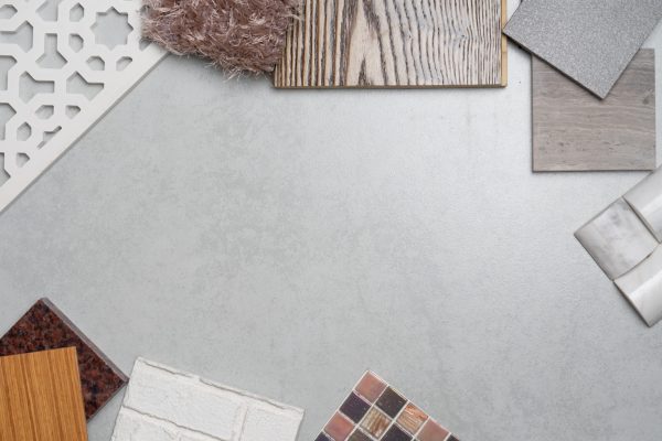 samples of material, wood , on concrete table.Interior design select material for idea.