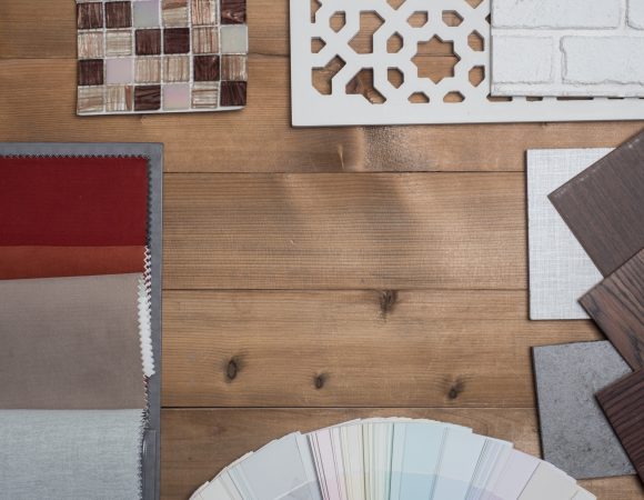 Samples of material, wood , on concrete table.Interior design select material for idea. Decoration idea concept vintage material.