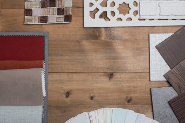 Samples of material, wood , on concrete table.Interior design select material for idea. Decoration idea concept vintage material.